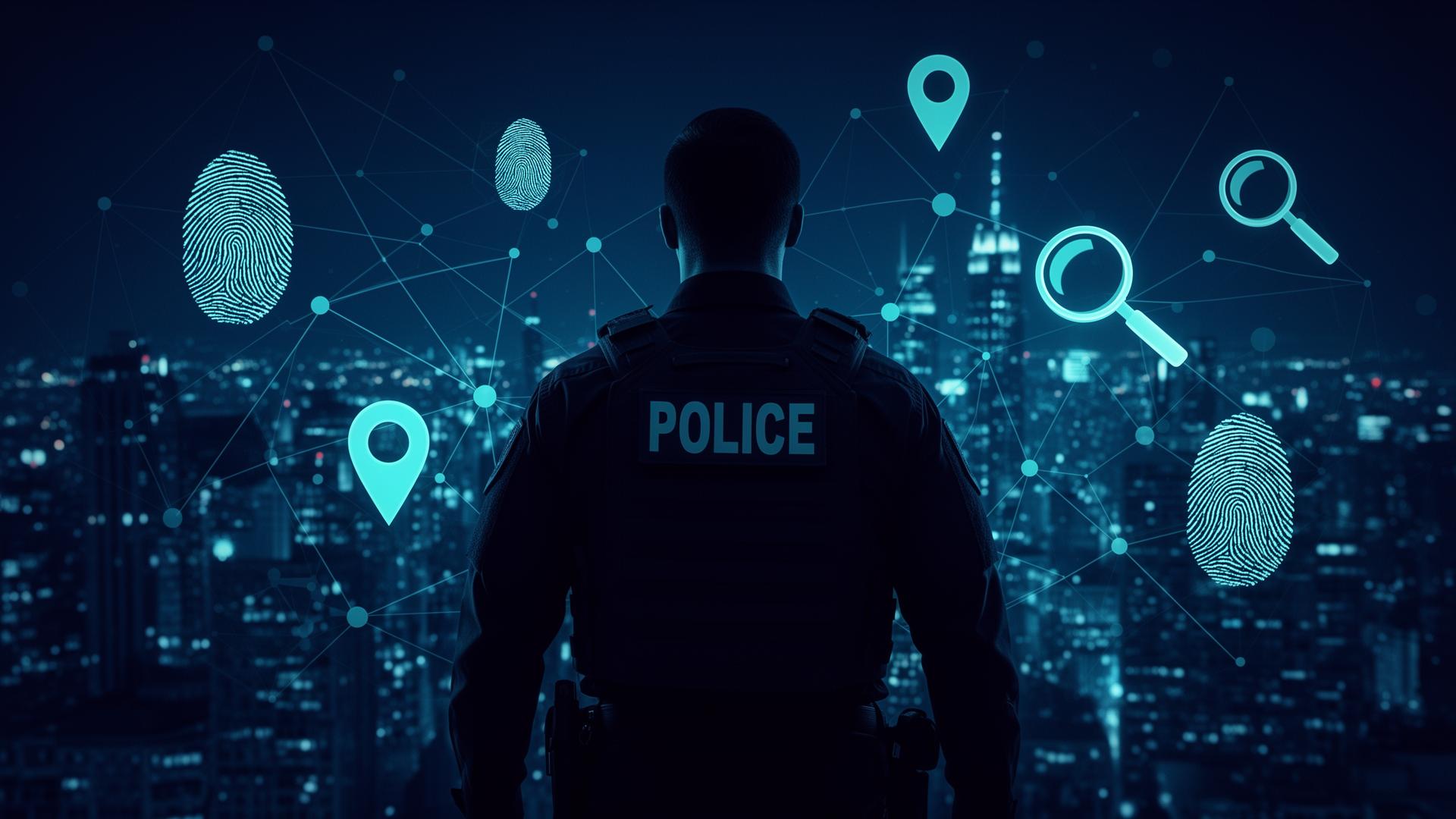 Law enforcement officer analyzing digital intelligence over a city skyline